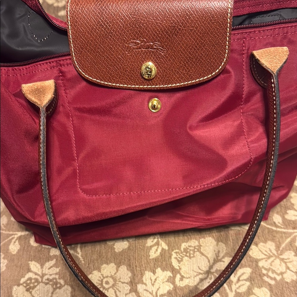 Longchamp Red and Brown Tote Bag with Leather Trim